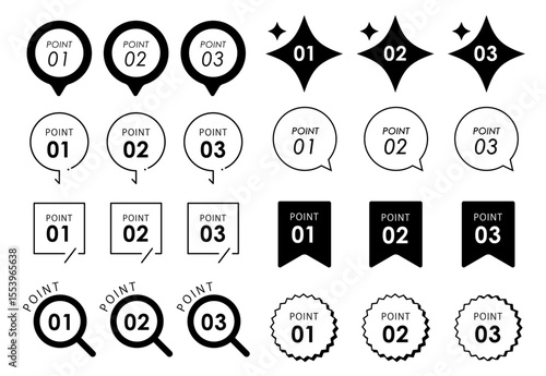 シンプルで使いやすいモノクロのポイント・POINT用見出しデザインセット(あしらい シンプル 飾り 装飾 ベクター 編集可能)	
