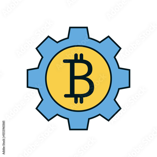 Flat bitcoin in gear concept for crypto system management, blockchain process, and digital money technology