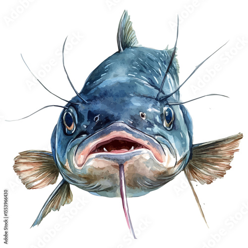 watercolor vector of Catfish With Barbels Close Up, isolated on a white background.