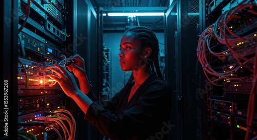 A female technician meticulously works on server hardware within a brightly lit data center.