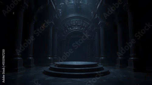 Dramatic dark ancient temple interior with ornate columns and a central stage