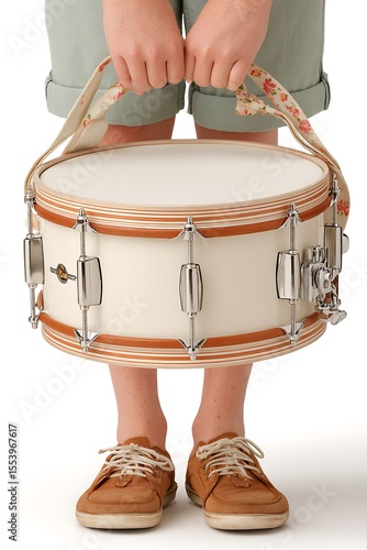 Person in Light Green Shorts and Brown Shoes Holding a Beige Snare Drum