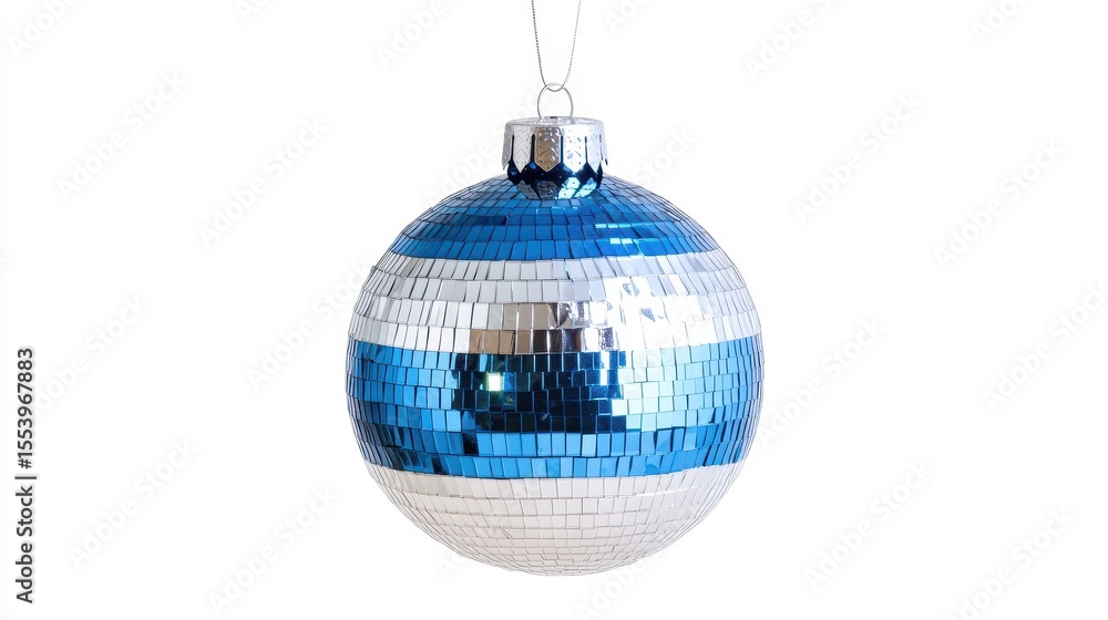 Fototapeta premium A festive, blue and silver disco ball ornament hangs on a white background. Use this photo to decorate layouts for Christmas or New Year's Eve.