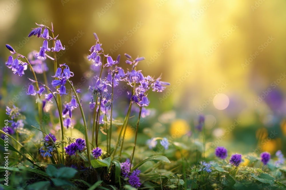 Obraz premium Vibrant purple flowers blooming in a sunlit forest, surrounded by lush greenery and soft bokeh