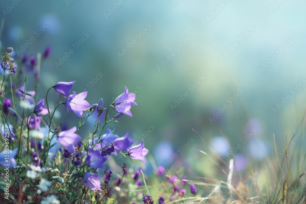 Obraz premium A serene meadow filled with delicate purple flowers swaying gently in the breeze under a soft blue sky