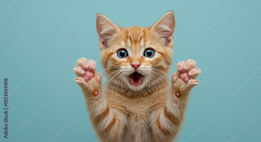 Obraz premium Surprised Orange Tabby Kitten with Wide Blue Eyes and Paws Raised Against Light Blue Background Capturing Tremors of Excitement in Fur and Open Mouth