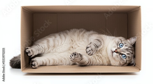 Grey and White Tabby Cat Lying Down in a Cardboard Box with Blue Eyes Isolated Against a Clean White Background in Studio Lighting