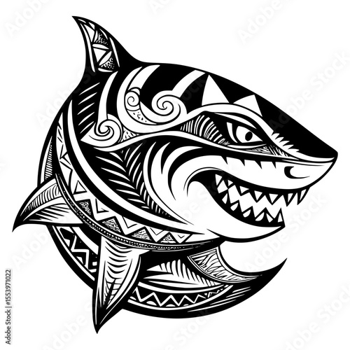 A formidable black and white illustration of a shark's head, adorned with intricate tribal patterns, depicting power and a fierce ocean spirit.