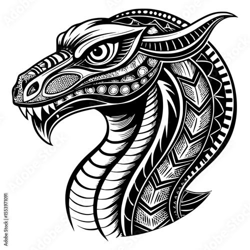 A formidable black and white illustration of a dragon's head, adorned with intricate tribal patterns and fierce details, evoking power and mysticism.