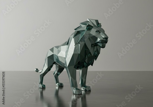 Geometric Lion Sculpture on Reflective Surface, Polygonal lion statue on a polished gray surface, a modern decorative sculpture