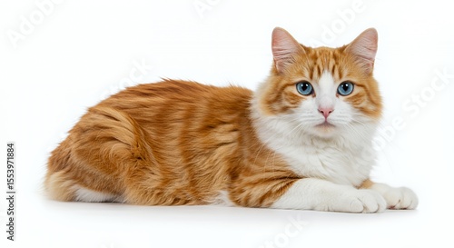 Isolated Orange and White Fur Cat with Blue Eyes Lying Down on White Background Pet Portrait