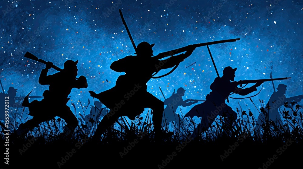 Naklejka premium Silhouette of soldiers in a night battle.