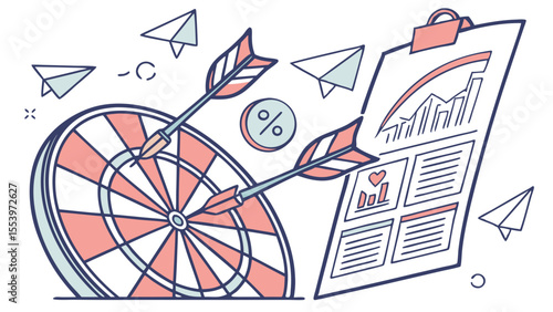 Target marketing strategy and business goals achievement with arrows and paper planes illustration vector vector