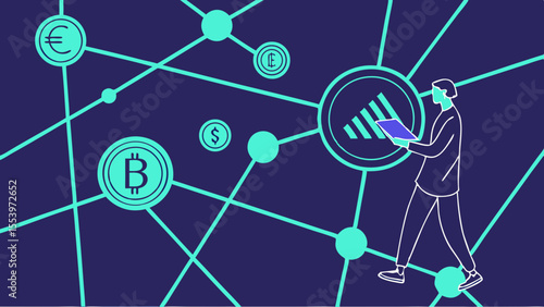 Cryptocurrency network blockchain technology with bitcoin euro dollar and pound symbols and investor vector