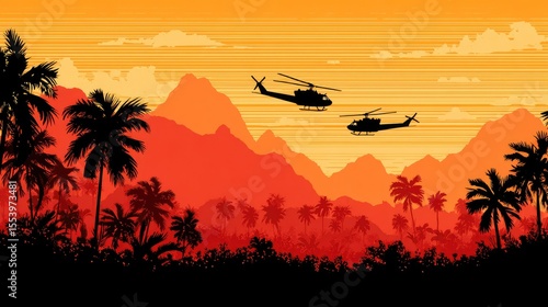 Fototapeta Naklejka Na Ścianę i Meble -  Helicopters over a tropical mountain landscape at sunset.