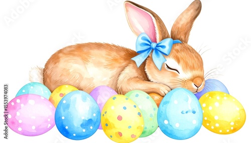 Cute bunny sleeping on Easter eggs (1)