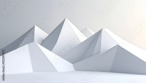 Abstract minimalist grayscale 3D rendering of a range of geometric, pyramidal mountain forms against a light background