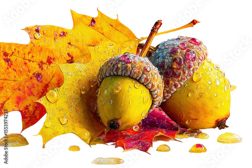 Colorful autumn leaves and acorns with water droplets on a wooden background, showcasing the beauty of fall in a vibrant composition