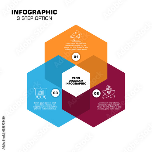 Venn diagram infographic chart template for business 3 step options, presentation with venn diagram elements vector illustration.