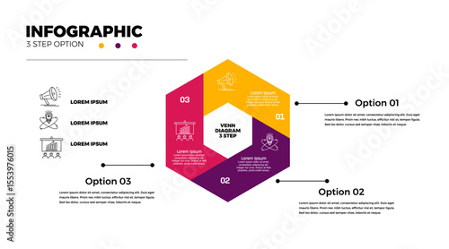 Venn diagram infographic chart template for business 3 step options, presentation with venn diagram elements vector illustration.