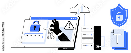 Digital workspace with laptop, shield, cloud, keys, and server addressing security risks. Ideal for IT, network security, data encryption, privacy protection compliance risk management simple