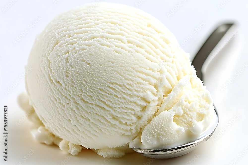 Creamy vanilla ice cream sphere on spoon, decadent dessert experience Creamy vanilla ice cream sphere on spoon, decadent dessert experience
