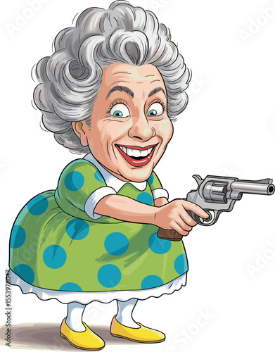 Happy Grandma Cartoon Character with Gray Hair, Holding a Revolver, Exaggerated Expression, Funny and Comical Art.