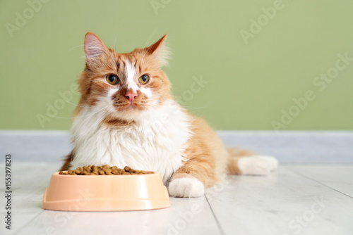 Cute cat lying with feeding...