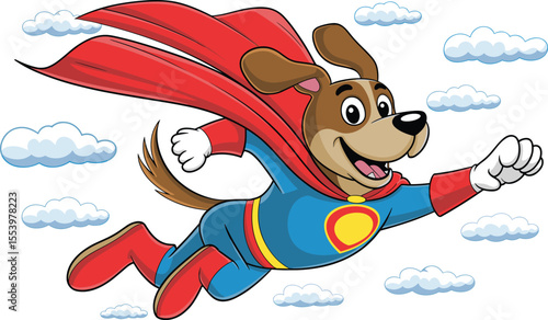 Flying Superhero Dog Cartoon with Red Cape and Blue Costume, Symbolizing Strength, Protection, Loyalty, Heroism, and Fun for Children's Themes and Pet-Related Designs.