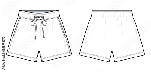 Drawstring Waist Shorts Technical Fashion Illustration. Wide-Leg Shorts with Side Pockets Vector Template. Relaxed Fit. Elastic Waistband. Front and Back View design. Unisex Athleisurewear. CAD Mockup