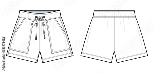 Drawstring Waist Track Shorts Technical Fashion Illustration. Wide-Leg Shorts with Side Pockets Vector Template. Relaxed Fit. Elastic Waistband. Front and Back View. Unisex Athleisurewear. CAD Mockup.