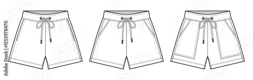 Drawstring Waist Track Shorts Set Technical Fashion Illustration. Wide-Leg Shorts with Three Pocket Style Variations Vector Template. Elastic Waistband. Relaxed Fit. Unisex Athleisurewear. CAD Mockup 