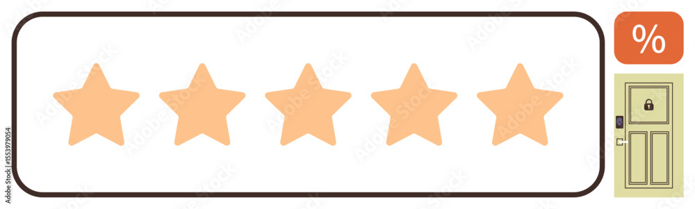 Obraz premium Five orange stars in a row signify high rating, accompanied by a percentage symbol and locked door icon. Ideal for quality, trust, security, feedback, reviews, customer satisfaction, simple landing