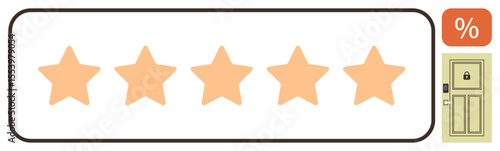 Five orange stars in a row signify high rating, accompanied by a percentage symbol and locked door icon. Ideal for quality, trust, security, feedback, reviews, customer satisfaction, simple landing