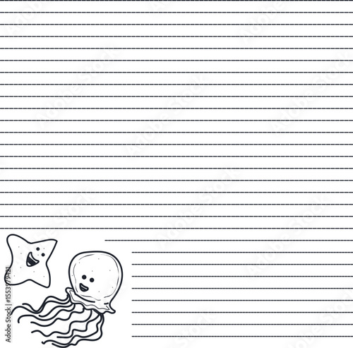 Lined notebook paper or broken chain page. At the bottom is a cartoon jellyfish and starfish drawing.