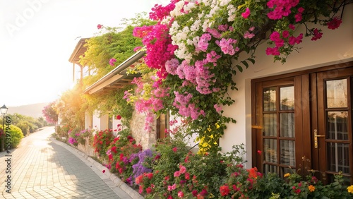 Fototapeta Naklejka Na Ścianę i Meble -  Sunlit floral exterior with vivid blooms and architectural contrast.