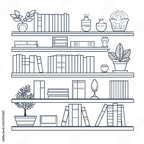 Bookshelf interior line art, library shelves outline