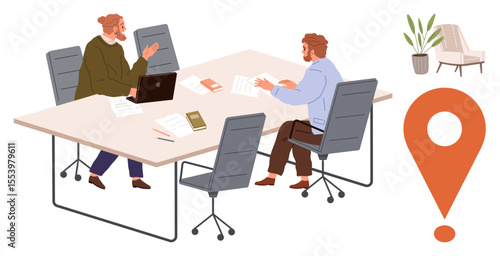 Two colleagues sitting at a meeting table analyzing documents, with a laptop, phones, plant, chair, and a location marker. Ideal for teamwork, collaboration, business strategy communication