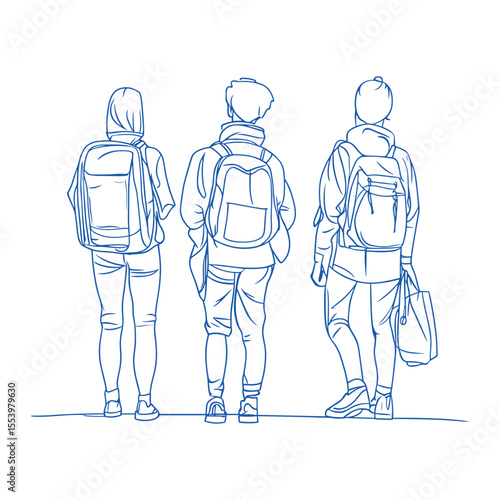Three students with backpacks from behind, line art