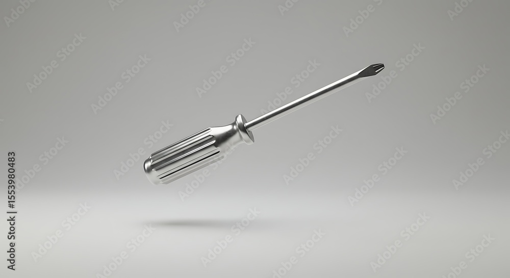 Metal Screwdriver with Sleek Handle Floating Against Minimalist Background Metal Screwdriver with Sleek Handle Floating Against Minimalist Background