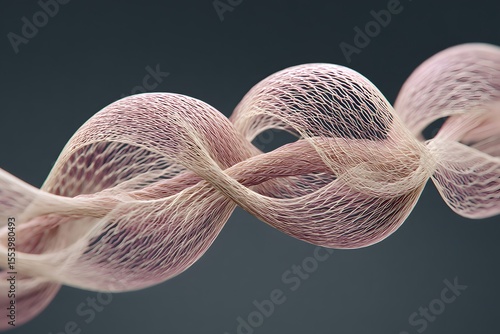 A detailed illustration of collagen structure with interlaced fibrils. Collagen strand, magnified fiber view, protein molecule structure, tissue formation illustration