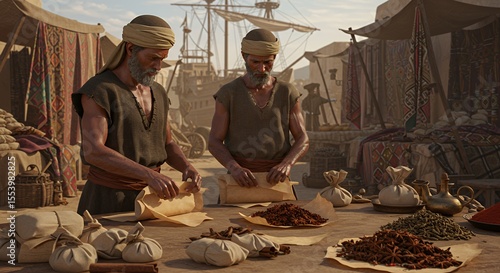 Ancient Spice Merchants Carefully Package Aromatic Treasures in a Bustling Marketplace