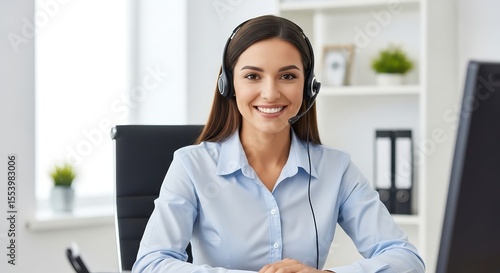 Smiling Young Woman Wearing Headset Sitting at Desk in Modern Office