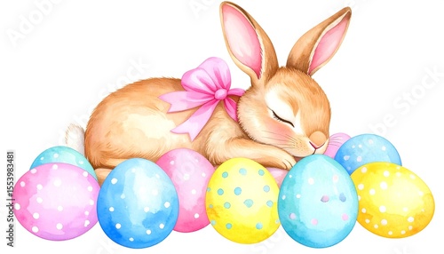 Cute bunny resting on pastel eggs