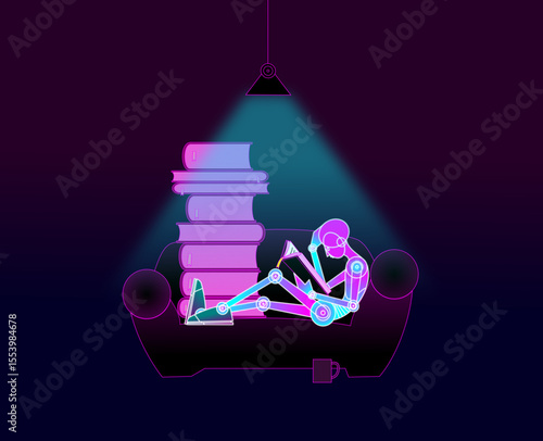 Humanoid robot reading a book, lying on sofa, lit by hanging lamp. Stack of books at his feet, mug on the floor. Deep learning, artificial intelligence and machine learning concepts.