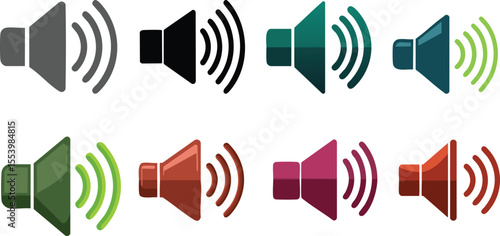 Vector Grid of Eight Stylized Speaker Icons in Vibrant Colors with Radiating Sound Waves and Glossy Flat Design Aesthetic for Audio, Music, and Technology Themes

