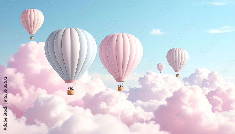 Obraz premium Pastel hot air balloons ascend amidst fluffy pink and white clouds under a pale blue sky; a dreamy, whimsical scene