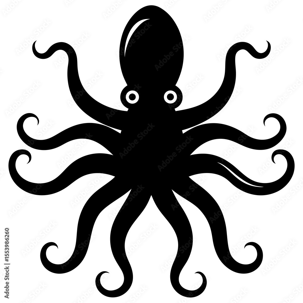 Obraz premium Simple Black Octopus Silhouette with Eight Tentacles on a White Background