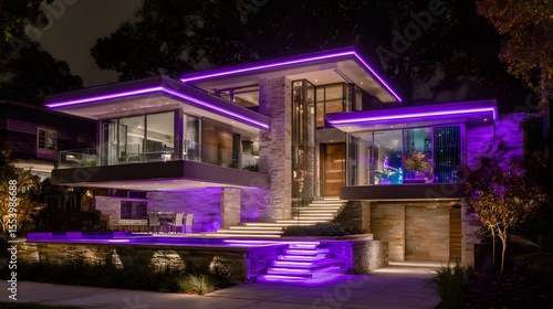 Modern residence at night, illuminated by purple LED lighting.