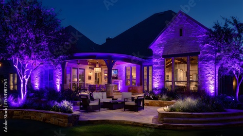 Purple outdoor lighting illuminates a modern home's patio area at night.